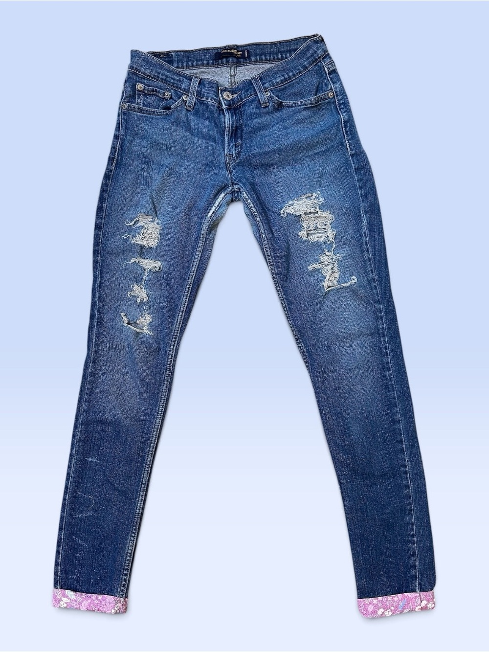 Levi’s Too Superlow 524 Jeans Y2K Distressed Skinny Floral Cuff Size 7